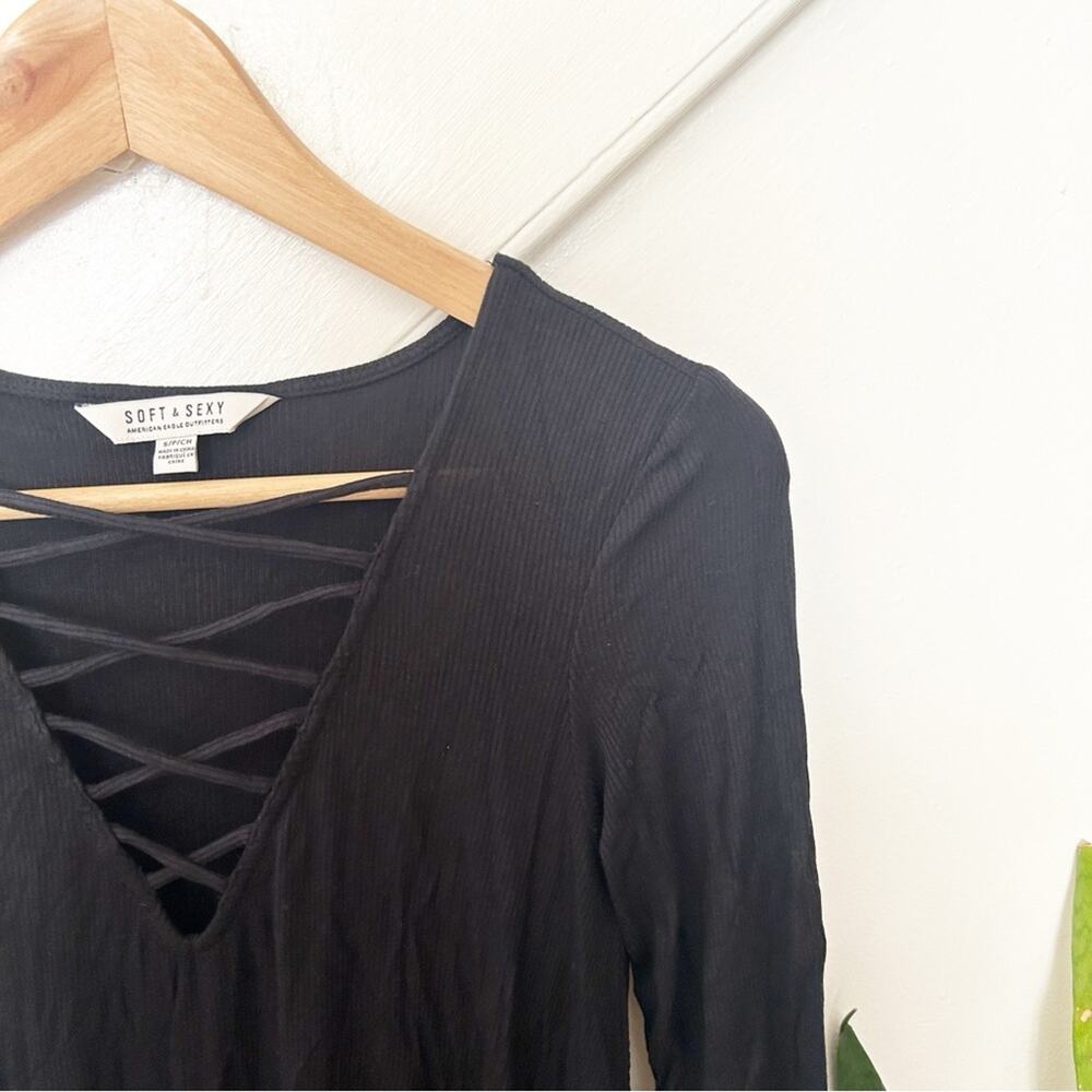 American Eagle Soft & Sexy Lace Up Long Sleeve Swing Dress Black Size S Small - Picture 2 of 5